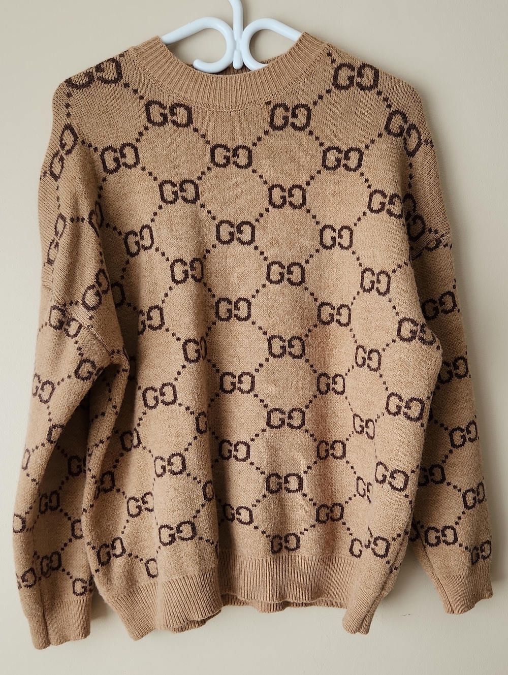Tan Crewneck Logo Knit Sweater